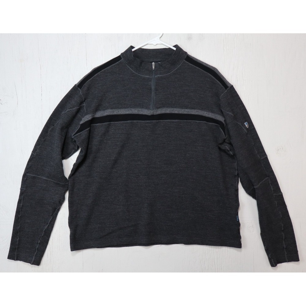 Kuhl Downhill Racer 1/4 Zip Long Sleeve Gray Sweater Size XL Merino Wool - HOLES